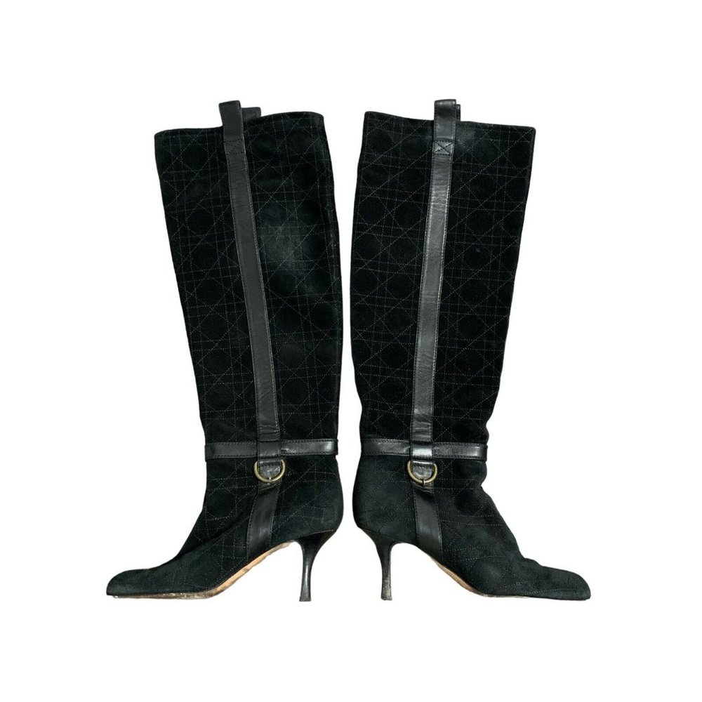 Christian Dior Authentic Solid Black Suede Cannage Pattern Knee Heels Boots 7